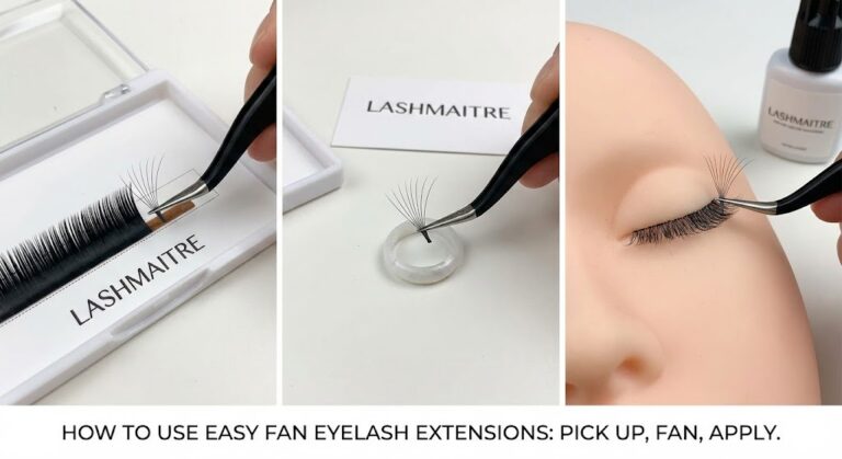 Step-by-step collage showing a technician demonstrating how to make volume fans with easy fan lashes: picking up from the strip, dipping in glue, and applying to a mannequin.
