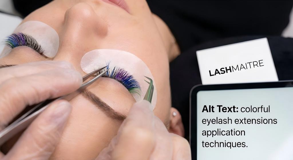 Close-up view of a LASHMAITRE technician demonstrating exactly how to mix colored lash extensions, applying blue, green, and purple fibers to a client's lash line.