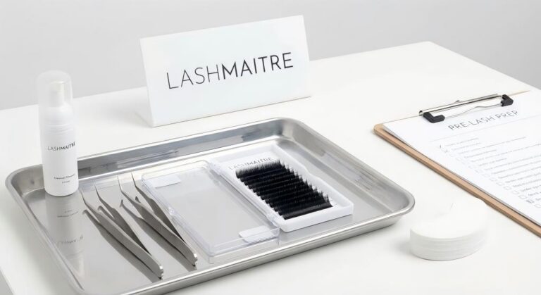 A pristine LASHMAITRE salon station featuring sanitized tools and organized lash trays, illustrating the professional environment awaiting clients who know how to prepare for eyelash extensions.