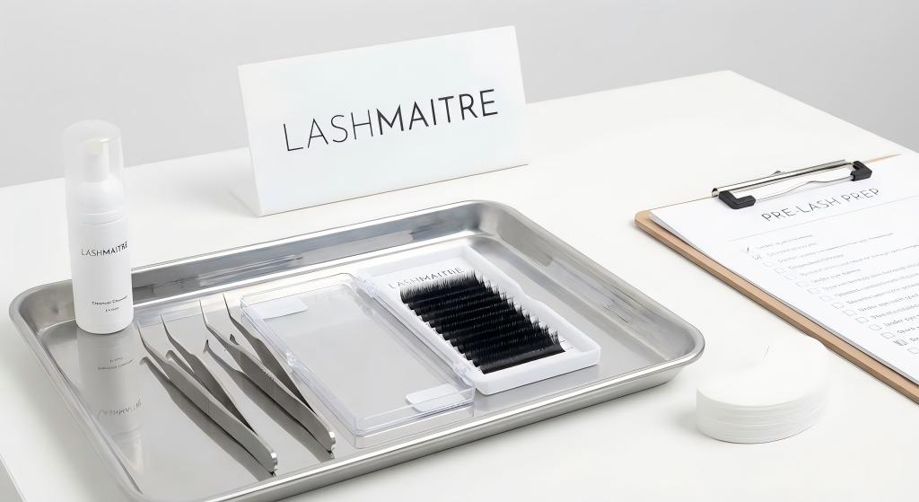 A pristine LASHMAITRE salon station featuring sanitized tools and organized lash trays, illustrating the professional environment awaiting clients who know how to prepare for eyelash extensions.