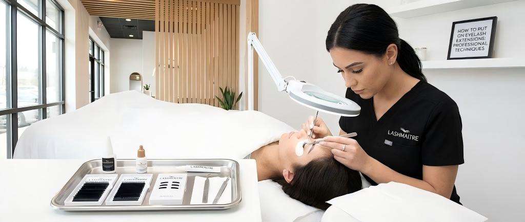 A professional LASHMAITRE artist using precision tweezers to demonstrate the correct technique of how to put on eyelash extensions in a clean U.S. salon setting, with professional tools and a training sign visible in the background.