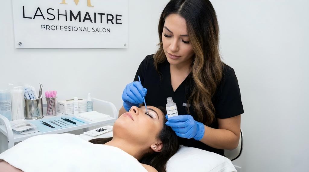 Close-up of a Lashmaitre professional applying gel remover to a client's lashes, demonstrating the step-by-step process of how to safely get eyelash extensions off in a hygienic salon.