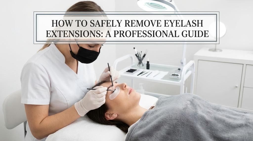 A professional lash technician wearing gloves and a mask carefully performs an eyelash extension removal procedure on a client in a clinical salon setting, illustrating the best practice for how to safely remove eyelash extensions without damage.