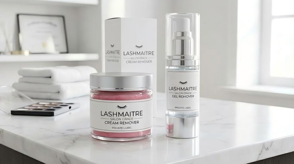 A professional lash technician using a gel remover and micro-brushes to safely remove eyelash extensions from a client's eyes in a clean salon setting.