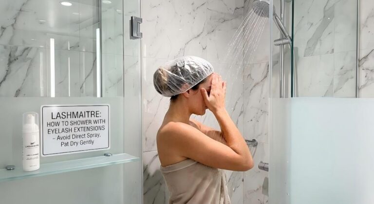 A woman in a shower shielding her eyes from direct water spray, demonstrating the proper technique for how to shower with eyelash extensions according to the visible LASHMAITRE aftercare sign.
