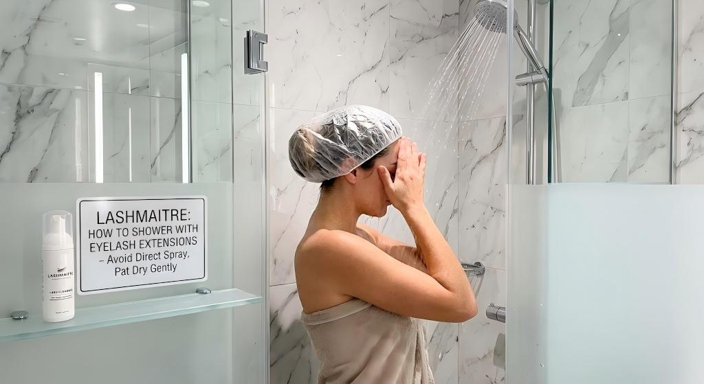A woman in a shower shielding her eyes from direct water spray, demonstrating the proper technique for how to shower with eyelash extensions according to the visible LASHMAITRE aftercare sign.