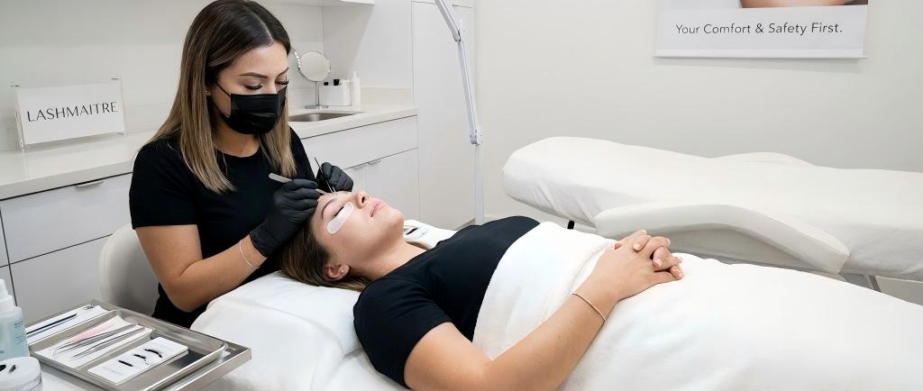 A professional LASHMAITRE artist ensuring proper eye pad placement and closure during application, demonstrating how to stop eyes stinging after eyelash extensions caused by adhesive fumes.