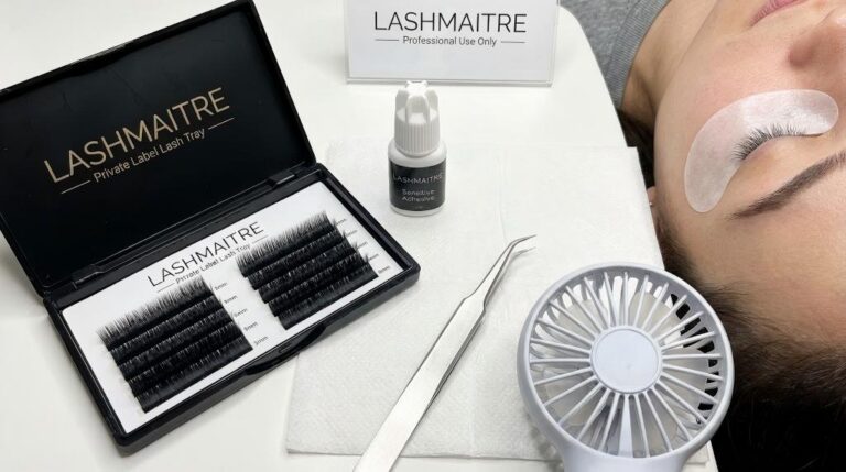 A professional LASHMAITRE setup featuring sensitive adhesive and a handheld fan, demonstrating the essential tools used to explain how to stop eyes stinging after eyelash extensions caused by adhesive fumes.