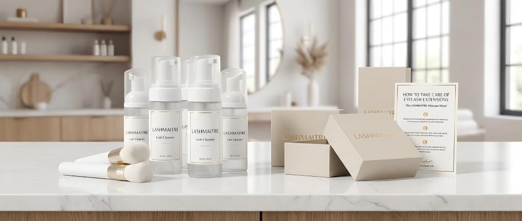Professional LASHMAITRE aftercare kit display featuring cleansers and brushes, illustrating how to take care of eyelash extensions in a luxury salon setting.