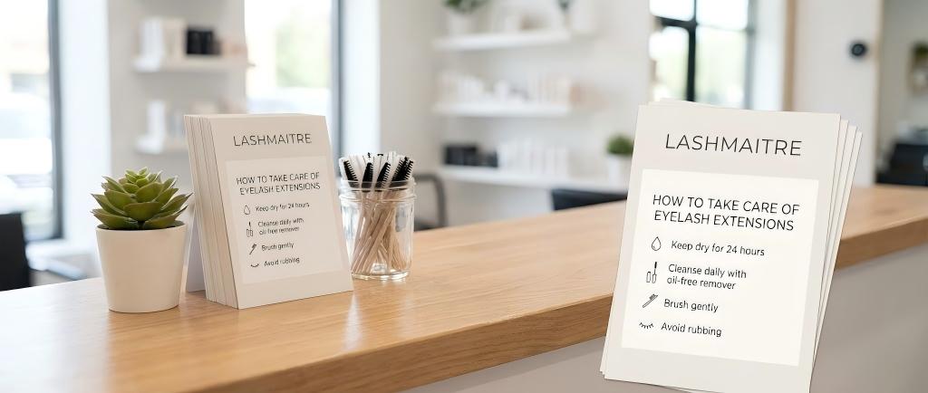Minimalist LASHMAITRE instruction cards displayed on a clean salon counter, providing a step-by-step written guide on how to take care of eyelash extensions for clients.