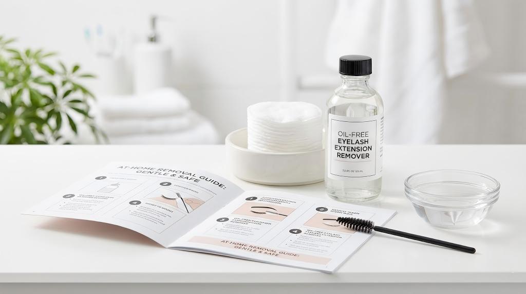 A complete kit on a clean bathroom counter, including oil-free remover, cotton pads, and a step-by-step guide booklet, demonstrating how to take off eyelash extensions at home safely.