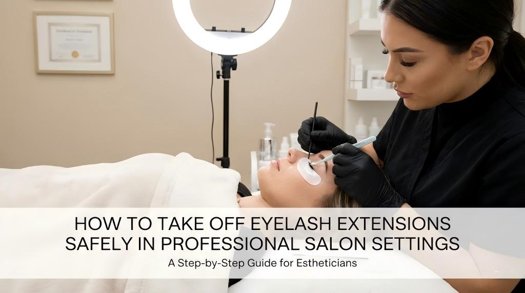 A professional lash technician wearing black gloves carefully removing lash extensions from a client's eye using tools in a salon setting, illustrating the process of how to take off eyelash extensions safely.
