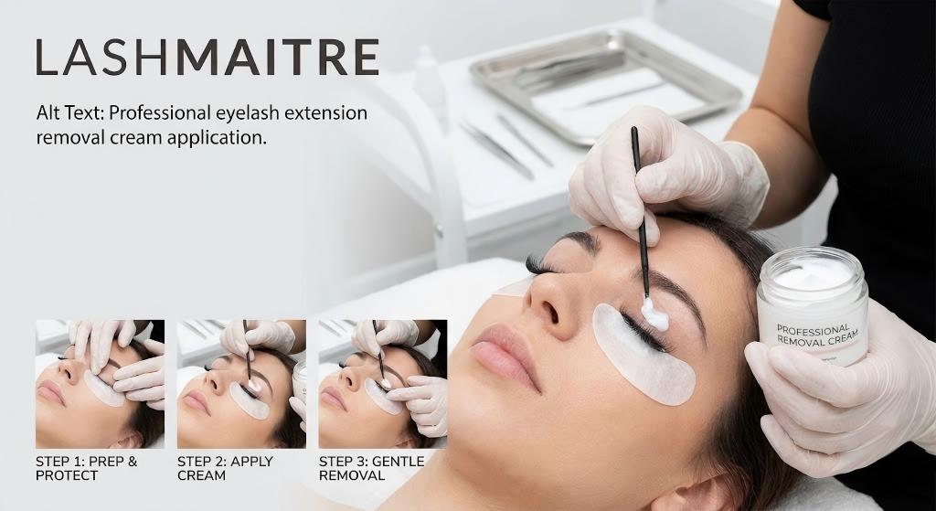 A professional infographic guide titled LASHMAITRE demonstrating how to use lash removal cream professionally. The main image shows a technician with gloved hands applying white cream from a jar to a client's lashes using a micro-brush. Three inset images show the specific steps: 1. Prep & Protect with eye pads, 2. Apply Cream thoroughly, and 3. Gentle Removal of the extensions.