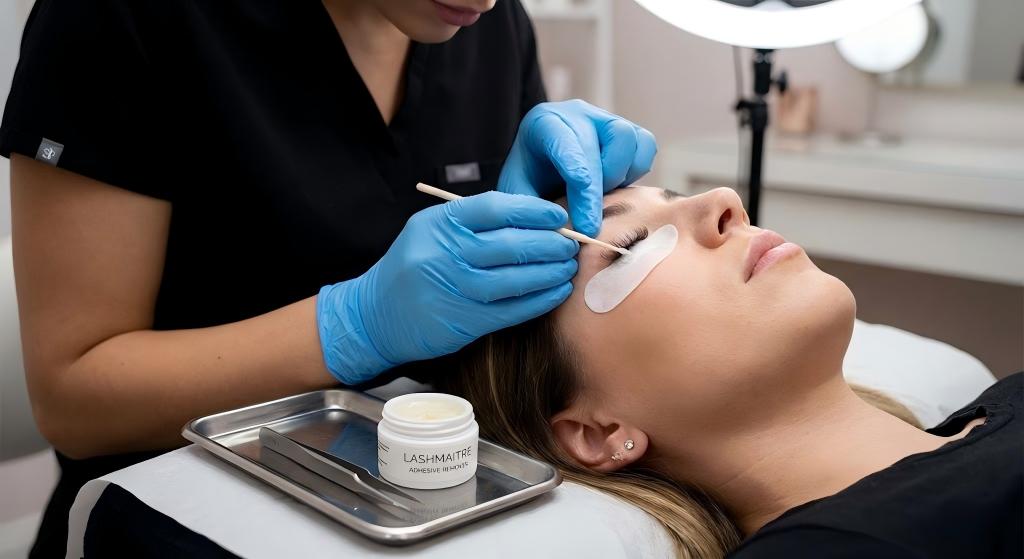 A close-up photo of a lash technician carefully applying LASHMAITRE adhesive remover to a client's extensions using a micro-swab, demonstrating how to use lash removal cream professionally without contacting the skin.