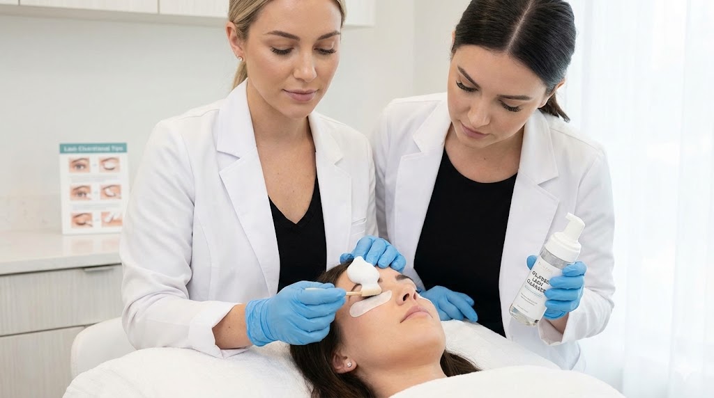 Professional estheticians demonstrating how to wash eyelash extensions using an oil-free foaming cleanser and a soft brush on a client in a clean salon environment.