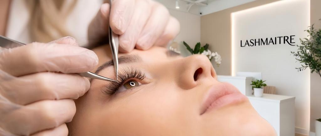Close-up professional application of LASHMAITRE Human Hair Eyelash Extensions on a client, demonstrating the ultra-matte finish and seamless blend with natural lashes.