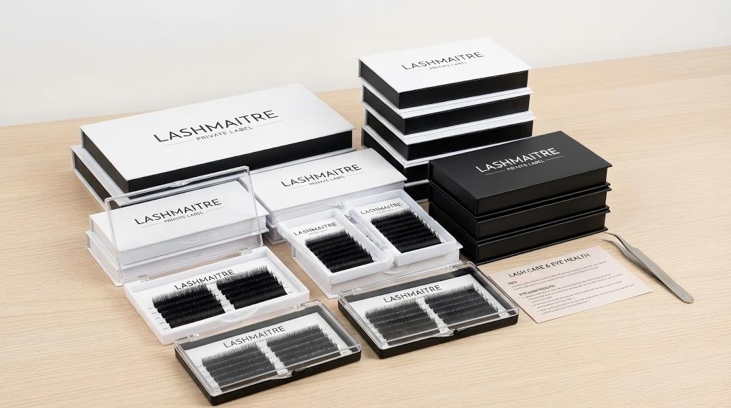 Neatly organized LASHMAITRE lash extension trays and private label packaging in a sterile studio, representing the hygienic supplies used for refills after a client follows steps to remove a stye without damaging lash extensions.