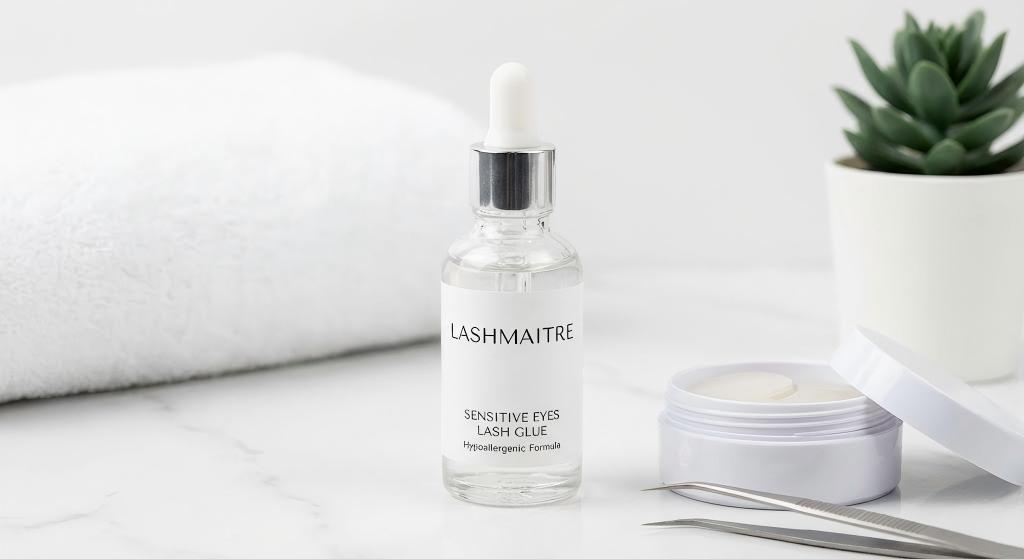 A bottle of LASHMAITRE hypoallergenic eyelash extension glue for sensitive eyes displayed on a white marble surface next to under-eye pads and tweezers, representing a safe, low-fume adhesive option.