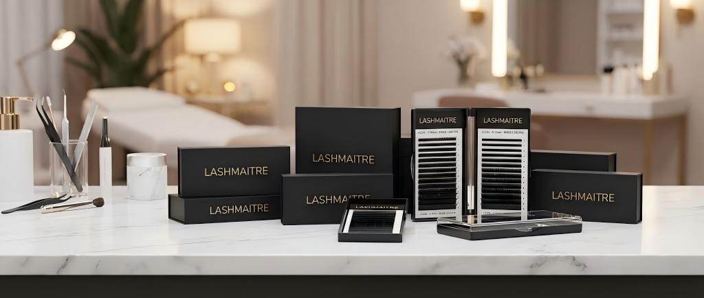 LASHMAITRE professional J Curl eyelash extensions trays arranged for private label wholesale, designed for creating the most natural lash looks in U.S. salons.