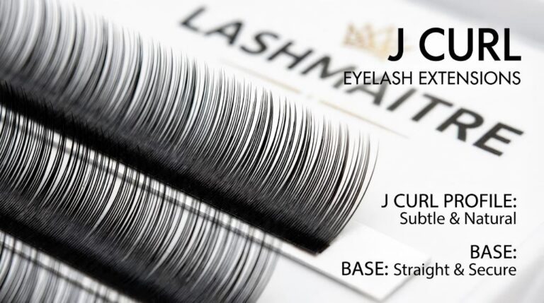 Macro close-up showing the flat base and subtle curvature of LASHMAITRE J Curl Eyelash Extensions, demonstrating the side profile for technical identification.