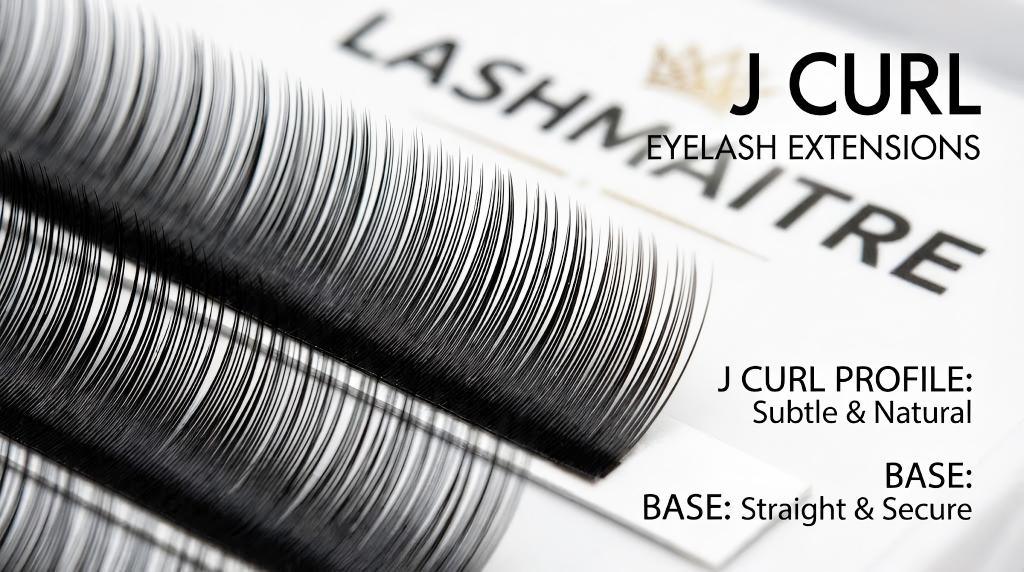 Macro close-up showing the flat base and subtle curvature of LASHMAITRE J Curl Eyelash Extensions, demonstrating the side profile for technical identification.