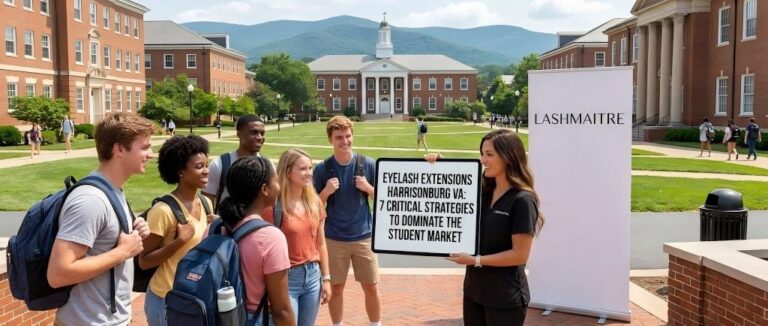 A strategic marketing guide cover featuring a university campus setting, titled '7 Critical Strategies to Dominate the Student Market' for eyelash extensions in Harrisonburg VA.