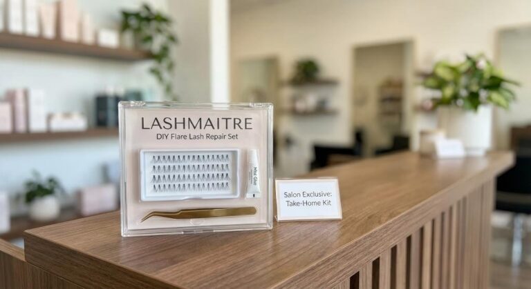A branded LASHMAITRE DIY emergency lash repair kit displayed on a salon counter, containing a tray of knot free cluster lashes wholesale, mini adhesive, and precision tweezers for home maintenance.