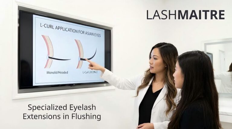 A technical diagram by LASHMAITRE illustrating the L-curl application technique on Asian monolid eyes, designed to lift downward-pointing natural lashes for clients seeking eyelash extensions in Flushing NY.