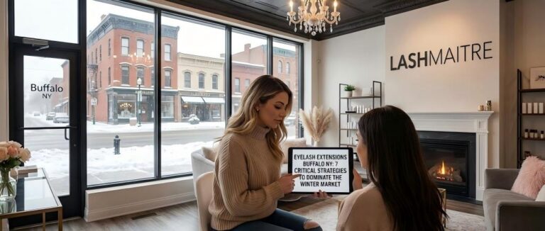 A winter-themed business guide cover by LASHMAITRE titled '7 Critical Strategies to Dominate the Winter Market', featuring a snowy Buffalo cityscape background, for eyelash extensions professionals in Buffalo NY.