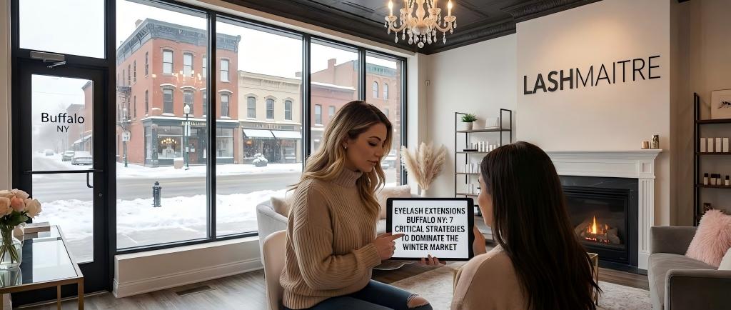 A winter-themed business guide cover by LASHMAITRE titled '7 Critical Strategies to Dominate the Winter Market', featuring a snowy Buffalo cityscape background, for eyelash extensions professionals in Buffalo NY.