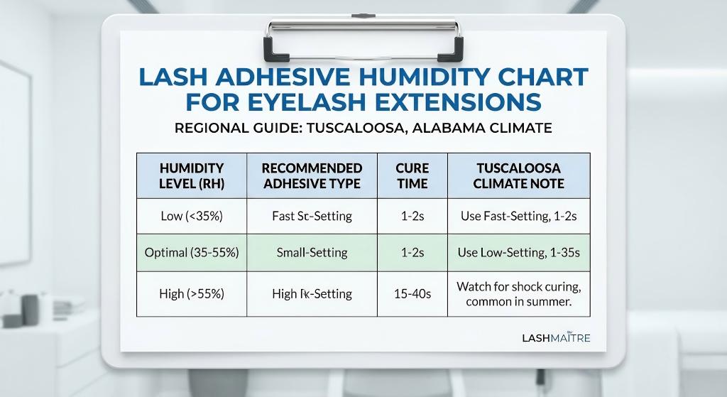LASHMAITRE technical chart showing optimal adhesive humidity ranges for eyelash extensions Tuscaloosa AL climate conditions.