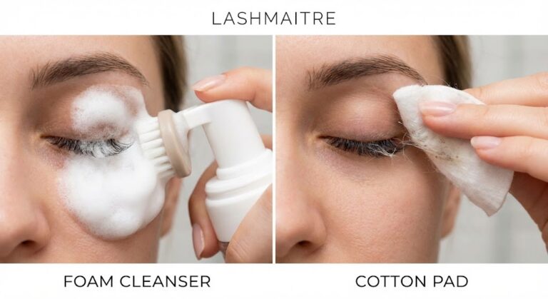 A split-screen comparison photograph showing the proper cleaning method using a lash extension foam cleanser and brush on the left, versus the incorrect method using a cotton pad that leaves fibers caught in the lashes on the right.