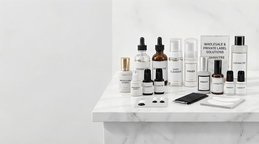 Lash extension glue and liquids set including fast-drying eyelash extension adhesive, primer, foam lash cleanser and remover for wholesale private label OEM