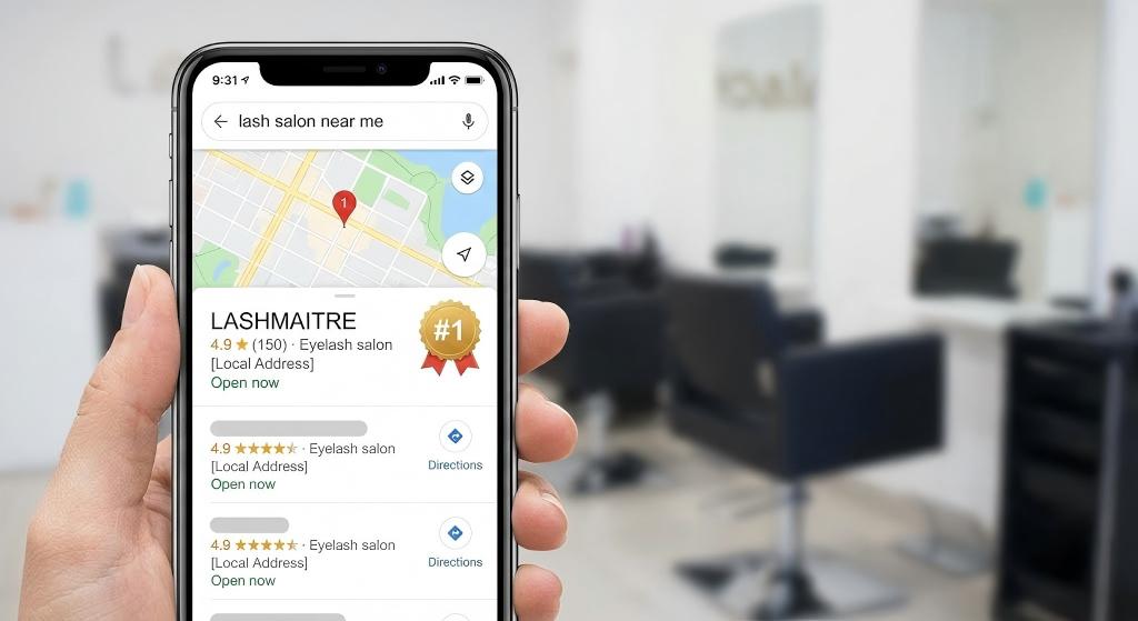 A smartphone screen showing LASHMAITRE as the #1 ranked result on Google Maps, symbolizing the trust earned by strictly adhering to lash extension licensing Texas regulations and safety protocols.