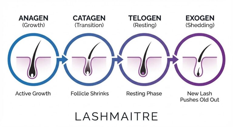 Infographic diagram by LASHMAITRE illustrating the four stages of the natural lash extension shedding cycle: Anagen (Growth), Catagen (Transition), Telogen (Resting), and Exogen (Shedding).