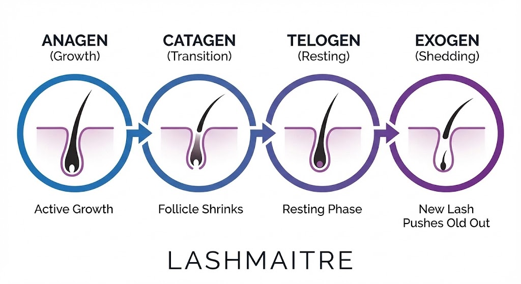 Infographic diagram by LASHMAITRE illustrating the four stages of the natural lash extension shedding cycle: Anagen (Growth), Catagen (Transition), Telogen (Resting), and Exogen (Shedding).