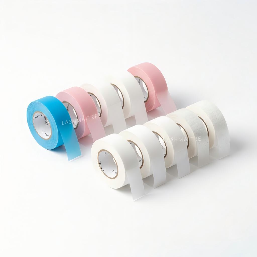 LASHMAITRE wholesale lash extension tape collection including pink and blue sensitive silicone tape, white non-woven paper tape, and clear PE tape for lash isolation.
