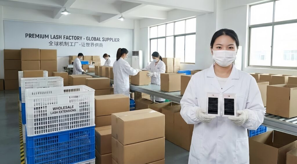 Quality control inspection of lash extension trays with a checklist at a workbench