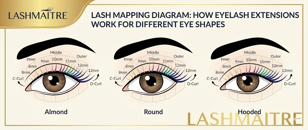 LASHMAITRE professional lash mapping diagram illustrating how eyelash extensions work to enhance different eye shapes through customized length and curl placement.