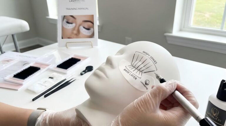 Close-up educational lash mapping diagram on a mannequin head demonstrating how to create wispy eyelash extension styles using spikes and base layers at LASHMAITRE academy.