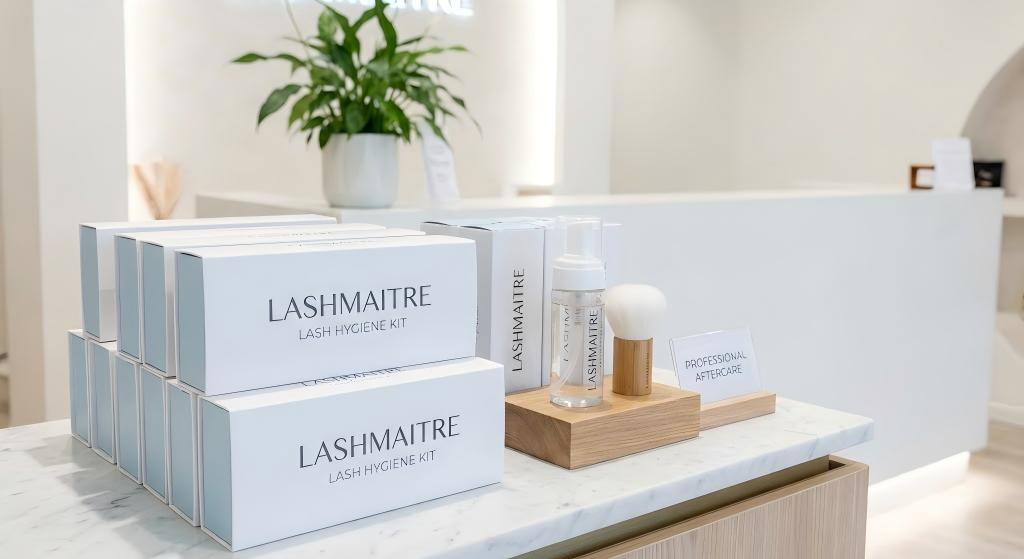 LASHMAITRE wholesale foam cleanser and brush retail kits displayed on a salon counter, designed to prevent blepharitis and eyelash extensions hygiene issues.