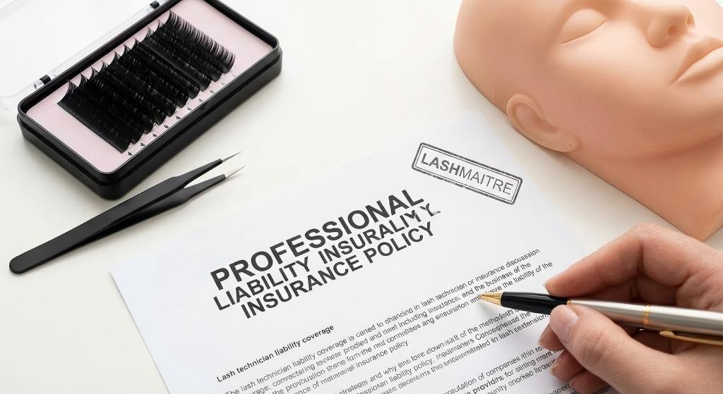 A close-up view of a LASHMAITRE professional insurance document on a white desk, surrounded by tweezers, lash trays, and a mannequin head, illustrating the importance of comprehensive lash technician liability coverage for salon safety.