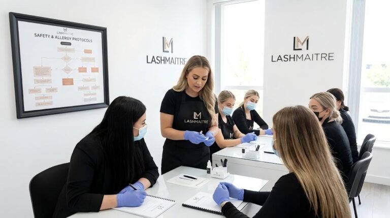 Lash artist training session at LASHMAITRE academy focused on safety protocols and adhesive handling to prevent eyelash extension allergies, showing instructor and students wearing masks and gloves.
