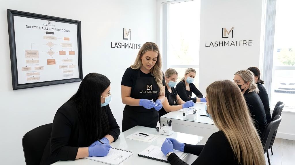 Lash artist training session at LASHMAITRE academy focused on safety protocols and adhesive handling to prevent eyelash extension allergies, showing instructor and students wearing masks and gloves.