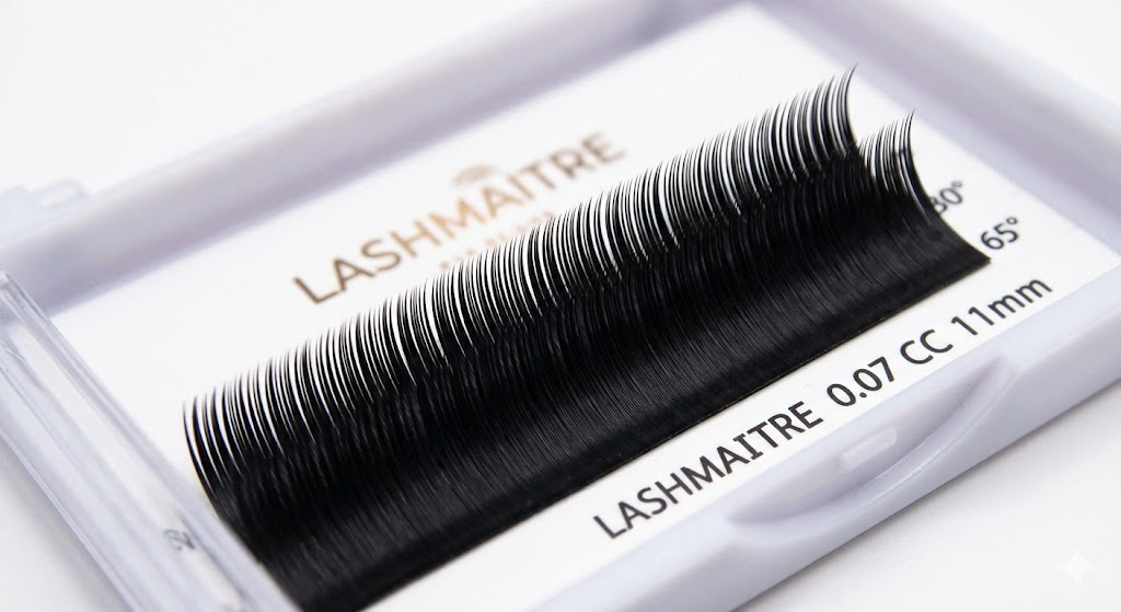 "Macro close-up of a LASHMAITRE lash tray strip labeled '0.07 CC 11mm', displaying the consistent alignment and matte black finish of premium cc curl eyelash extensions."