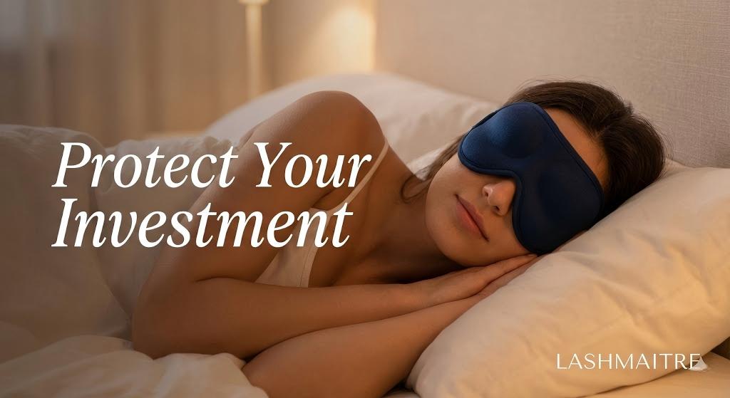 Woman sleeping comfortably on her side wearing a LASHMAITRE contoured 3D eye mask with the text "Protect Your Investment," illustrating a key aftercare step to prevent damage to eyelash extensions caused by pillow friction.