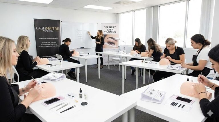 Students in a LASHMAITRE Academy classroom practicing techniques on mannequins, part of a comprehensive curriculum that teaches proper hygiene to prevent and treat blepharitis when wearing eyelash extensions.