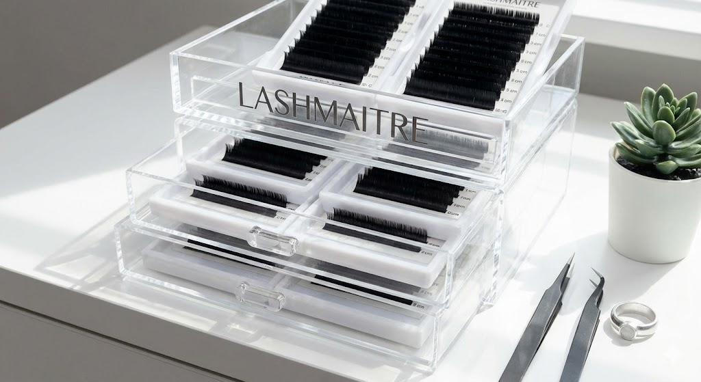 LASHMAITRE professional acrylic tile organizer system providing dust-free storage for eyelash extension strips, keeping lash carts organized and efficient.