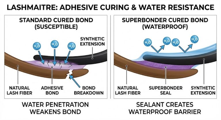 LASHMAITRE infographic illustrating how a Superbonder seal creates a waterproof barrier, protecting lash adhesive from water penetration and breakdown, which is crucial for swimming with lash extensions chlorine.