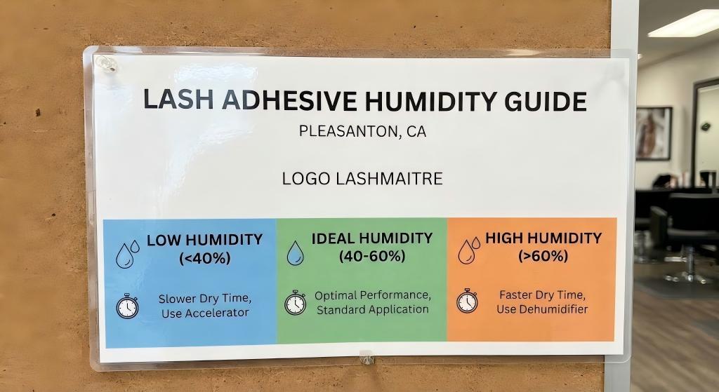 A printed guide tacked to a corkboard titled "Lash Adhesive Humidity Guide" for "Pleasanton, CA" by "LOGO LASHMAITRE," displaying color-coded zones for low (<40%), ideal (40-60%), and high (>60%) humidity levels with corresponding instructions for eyelash extension adhesive drying times.
